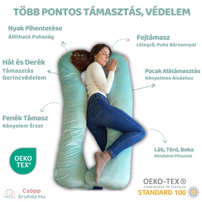 Kismama Terhes Párna Alváshoz és Oldalfekvéshez U alakú menta színű bársony 09