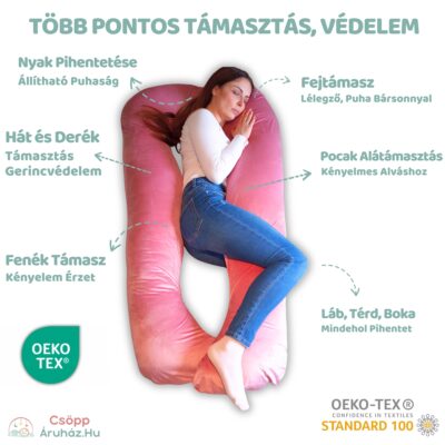 Kismama Terhes Párna Alváshoz és Oldalfekvéshez - U Alakú Mályva-Rózsaszín Bársony 08