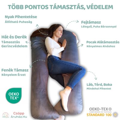 Kismama Terhes Párna Alváshoz és Oldalfekvéshez - U Alakú Szürke Színű Bársony 08