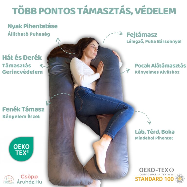 Kismama Terhes Párna Alváshoz és Oldalfekvéshez - U Alakú Szürke Színű Bársony 08