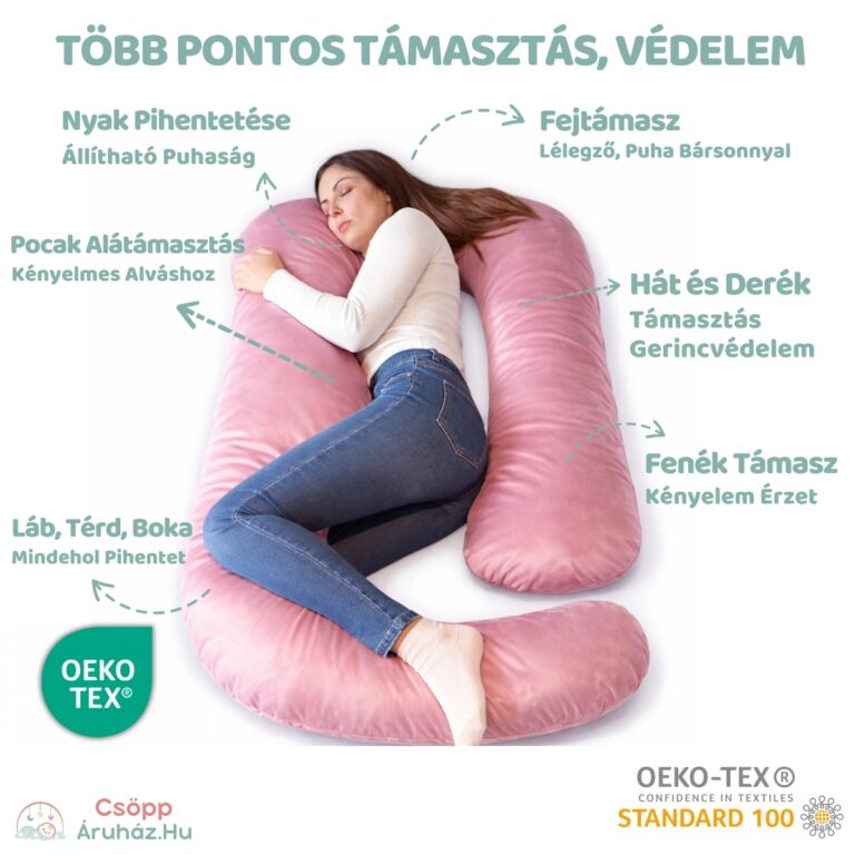 Óriási Kismama Párna Oldalt Fekvéshez, Derék Támasztáshoz, Alváshoz Mályva-Rózsaszín Bársonnyal - 12