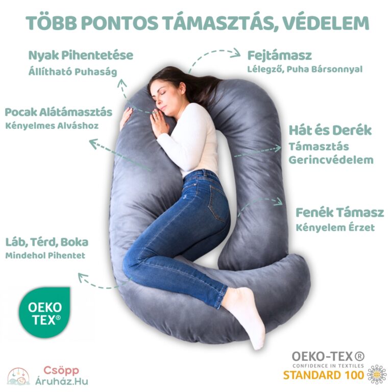 Óriási Kismama Párna Oldalt Fekvéshez, Derék Támasztáshoz, Alváshoz Szürke Bársonnyal - 09